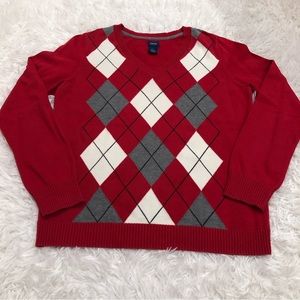 Izod Argyle V-Neck Sweater Size M Red White